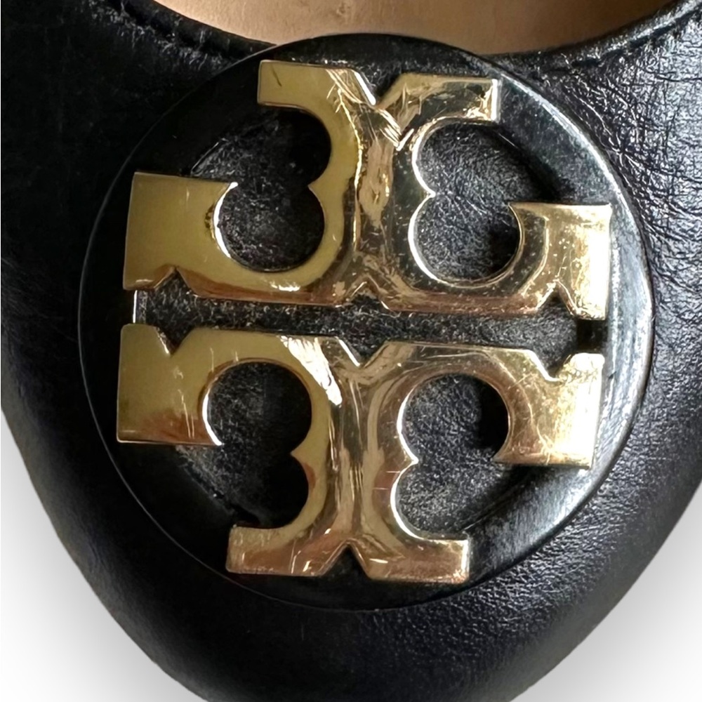 Tory Burch Black Leather Logo Ballet Flats with Gold Emblem - Picture 10 of 11